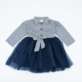 Belted Front Button Long Sleeves Splicing Mesh Frock